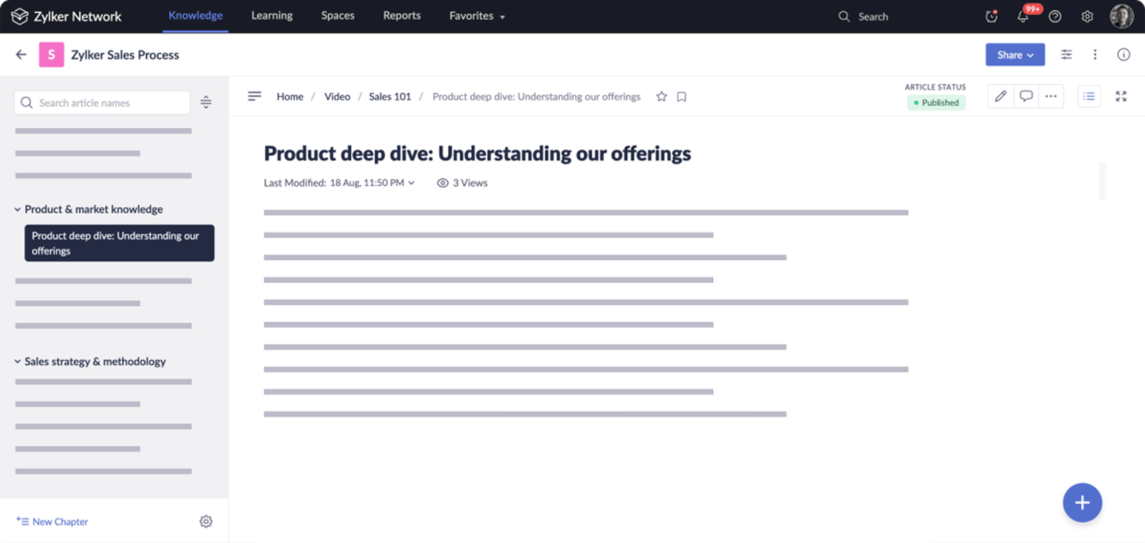 Zoho Learn knowledge base interface showing hierarchical structure of spaces, manuals and articles