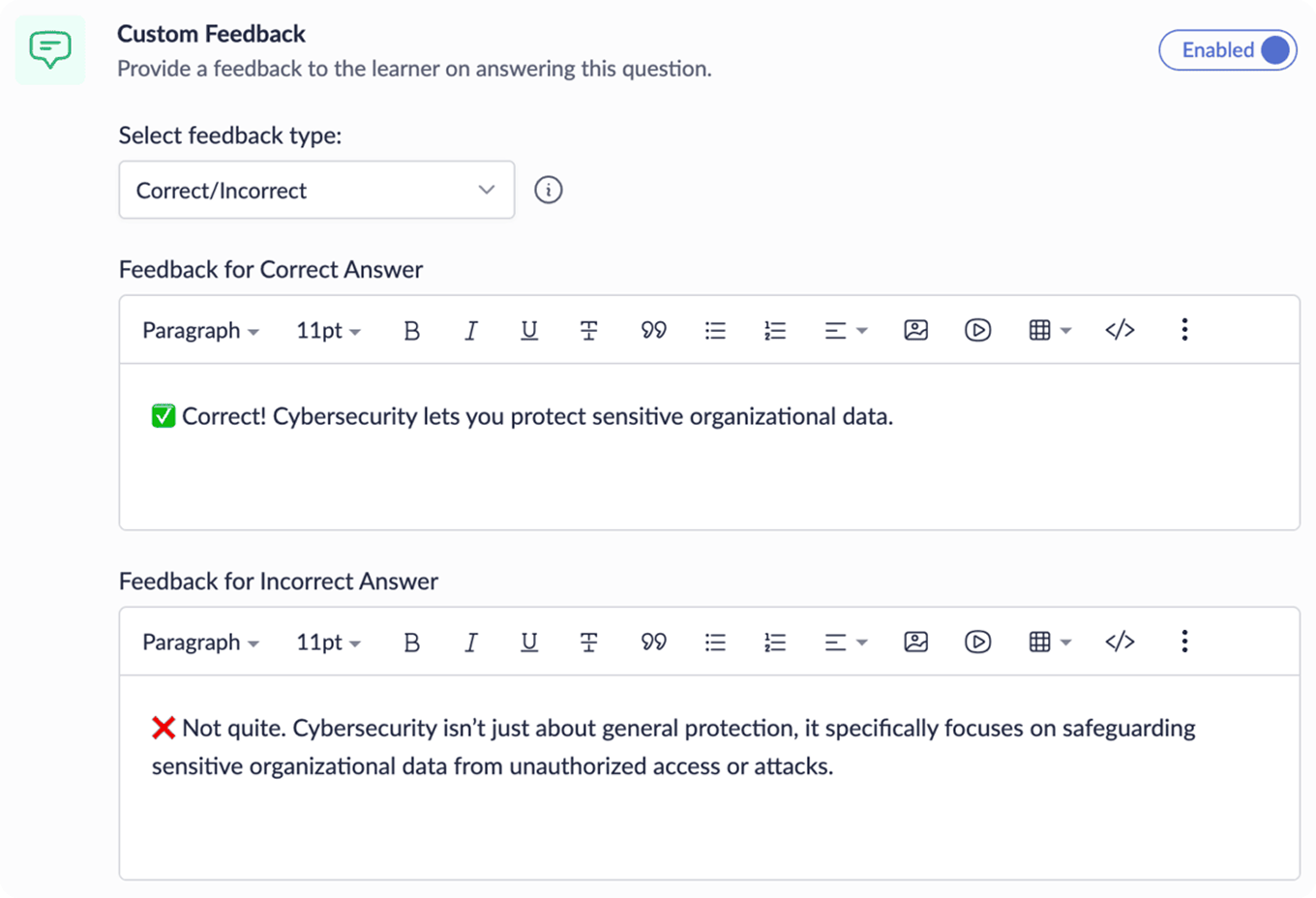 Custom feedback configuration for quiz questions in Zoho Learn