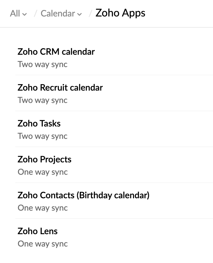 calendriers de l'application zoho