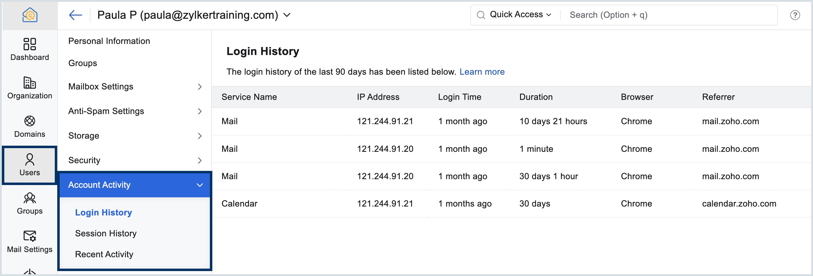 user account activity