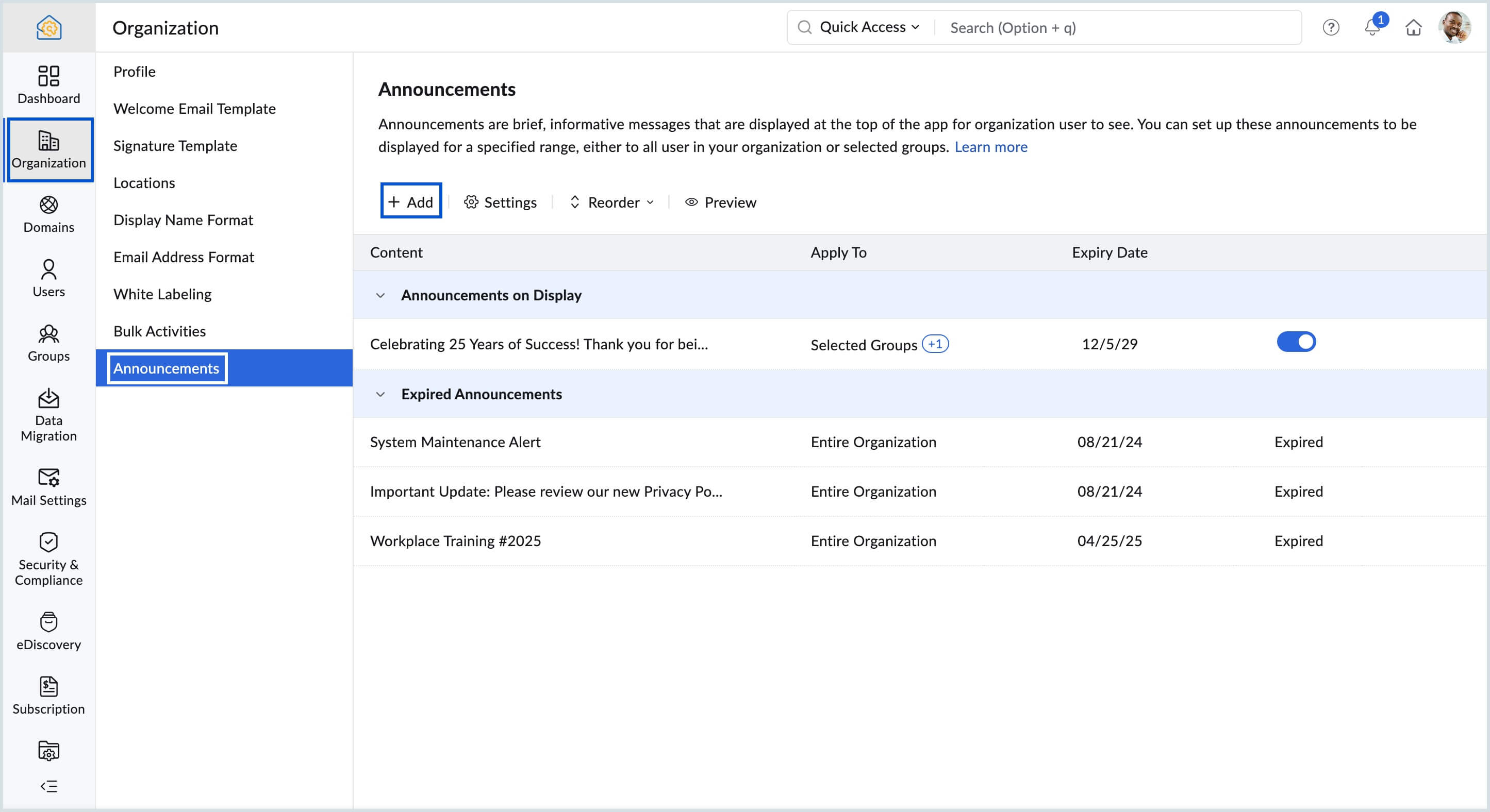 Adding announcements settings