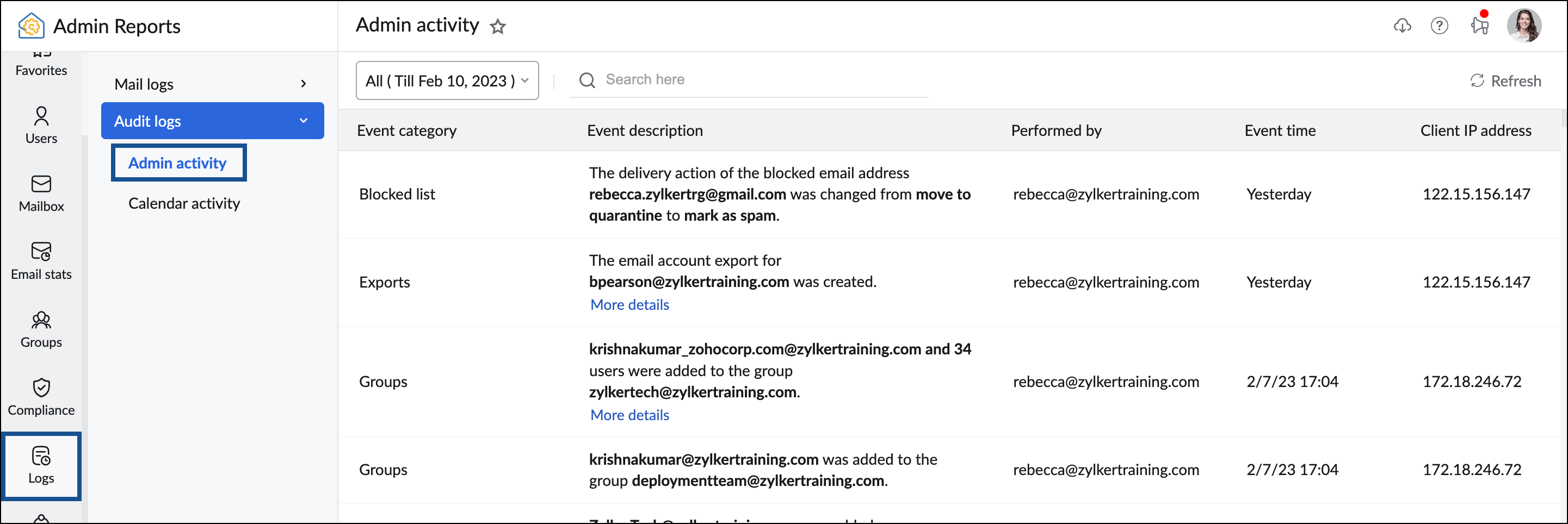 admin activity log