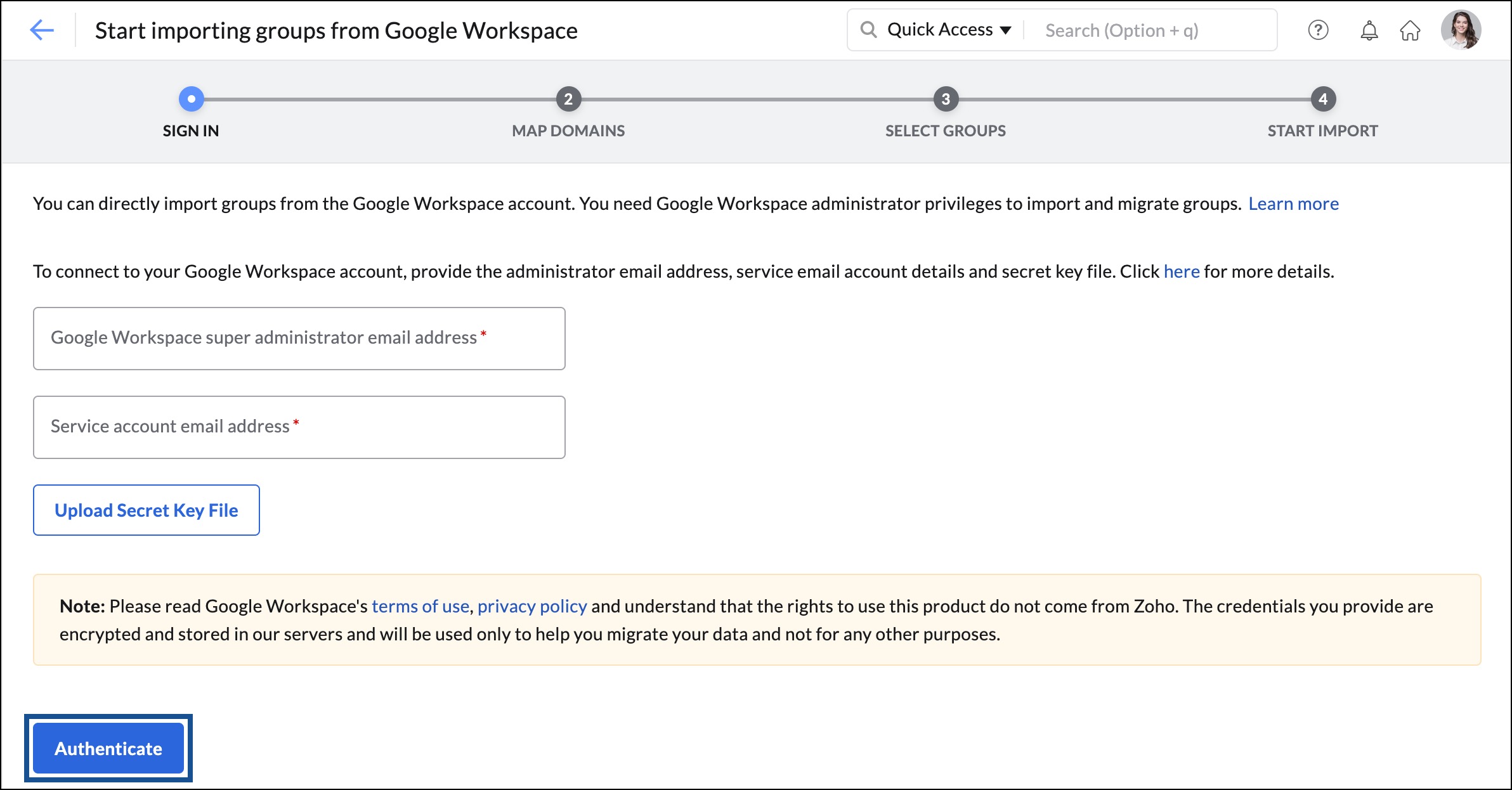 Autentique a conta do Google Workspace com o Zoho Mail