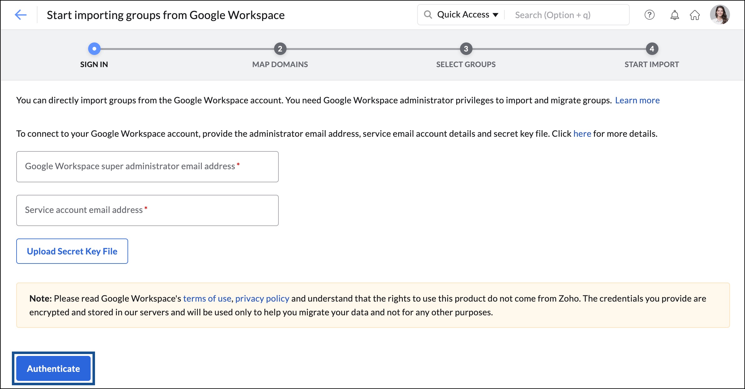 mengutentikasi akun Google Workspace dengan Zoho Mail