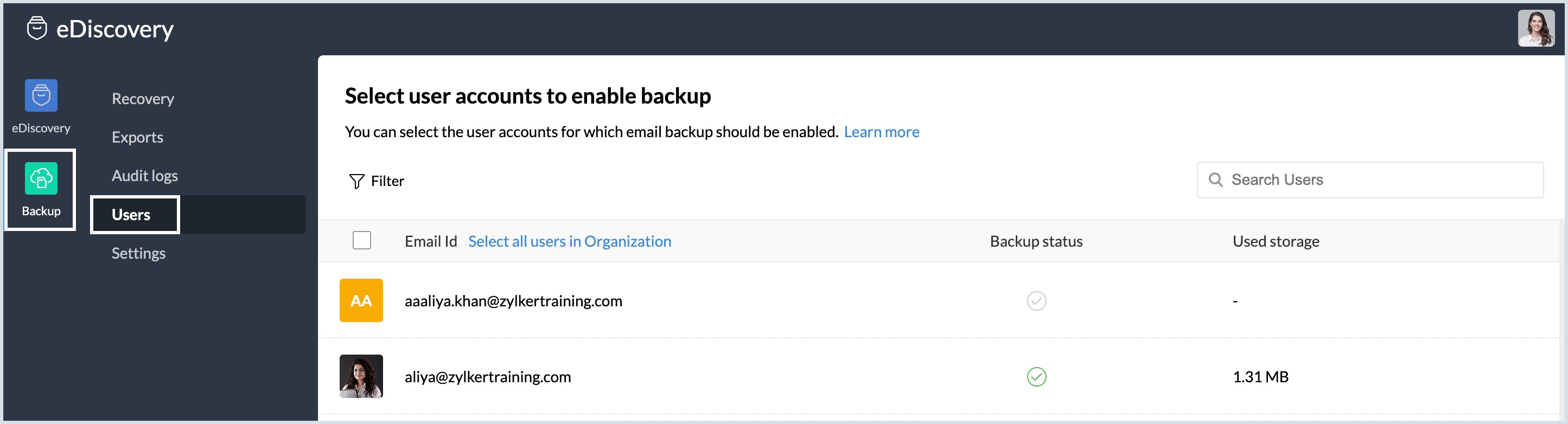select users to enable backup