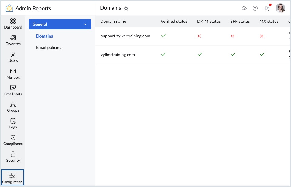 admin reports configuration