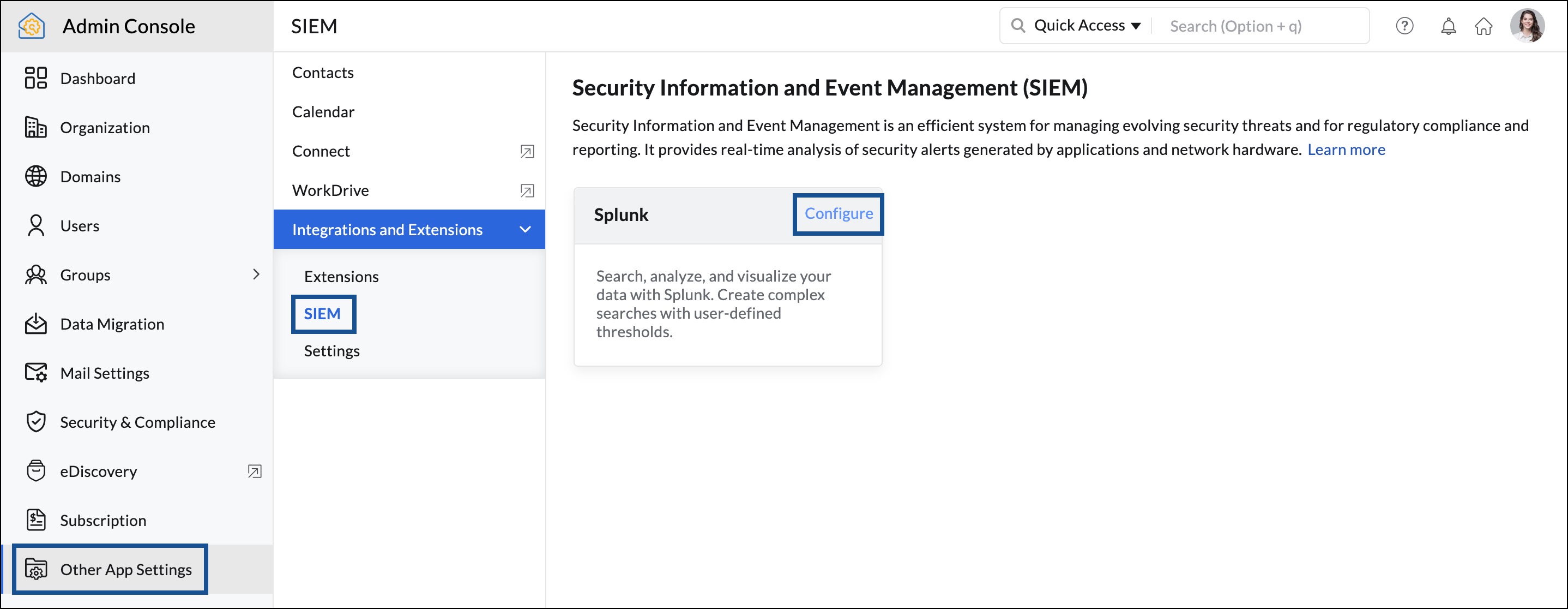 configure splunk integration in Zoho Mail