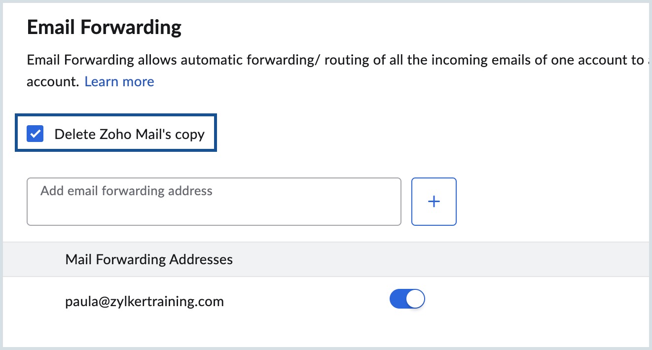 delete Zoho Mail copy while email forwarding