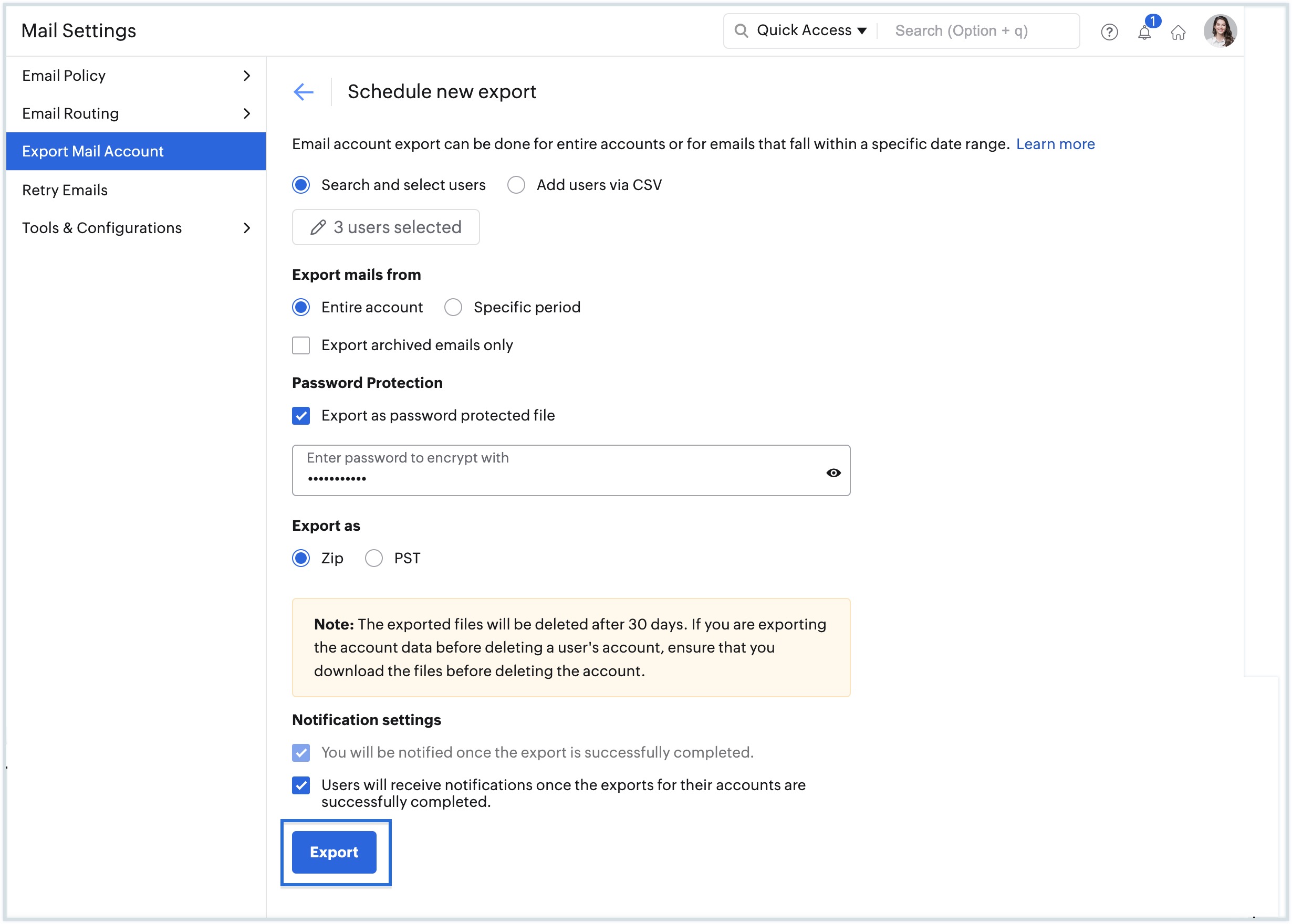 exportar a conta de e-mail dos usuários selecionados