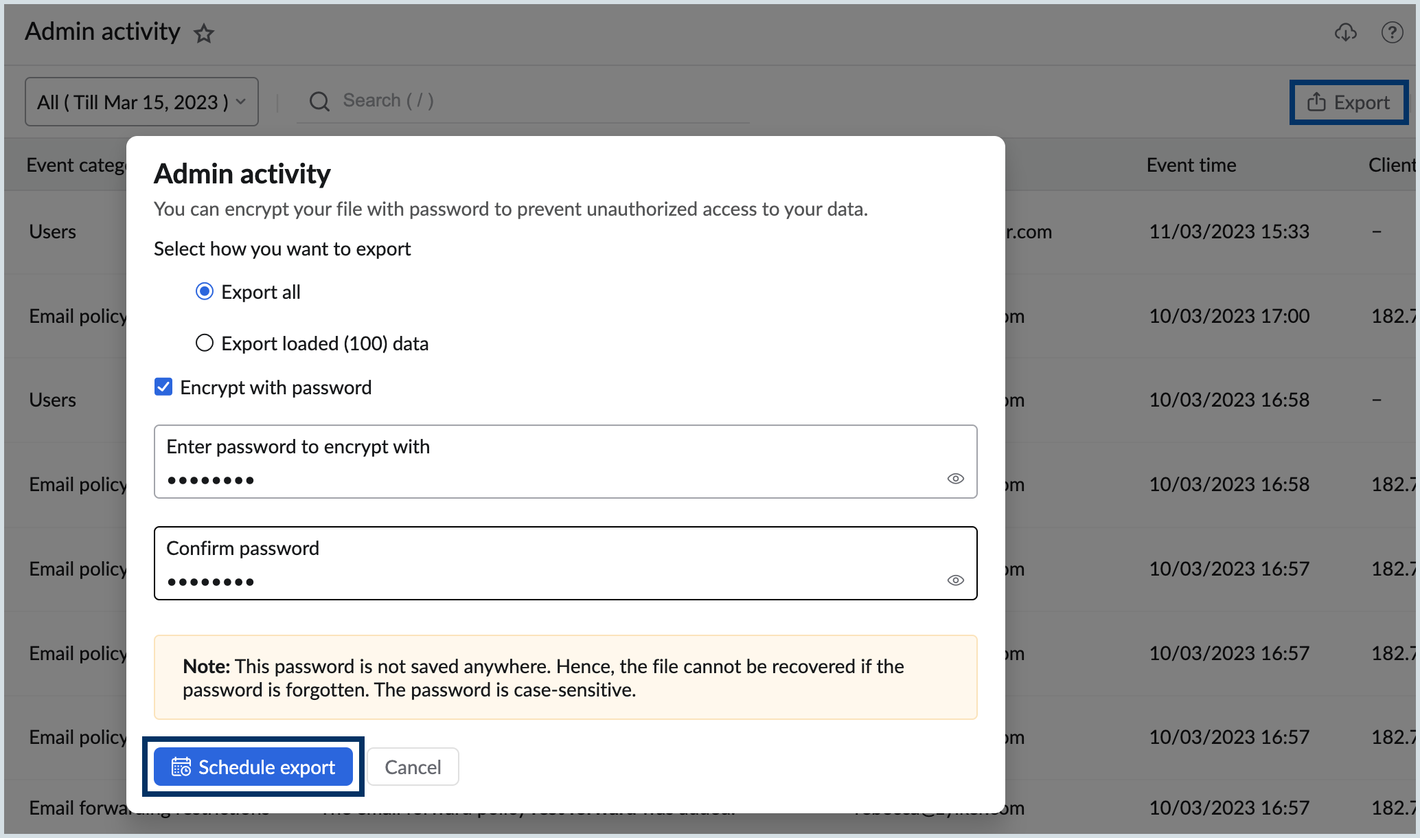 export admin activity report