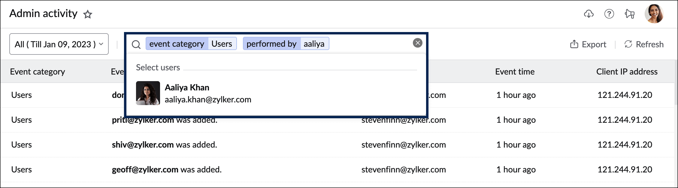 filter admin activity report