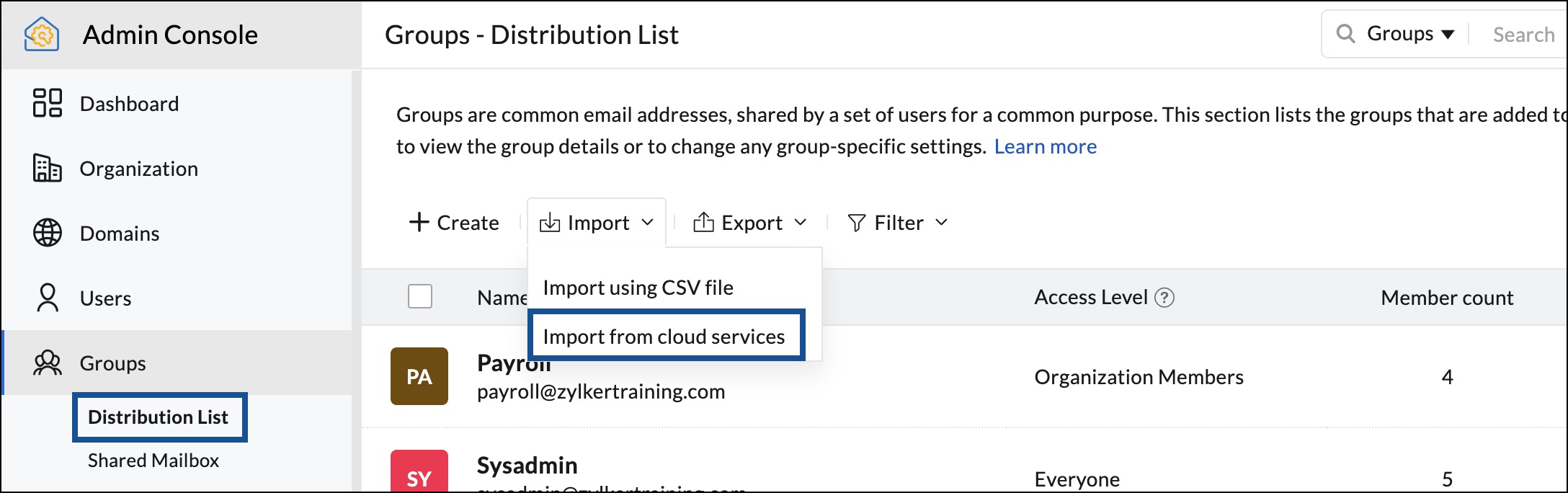 importer des groupes à partir de services cloud