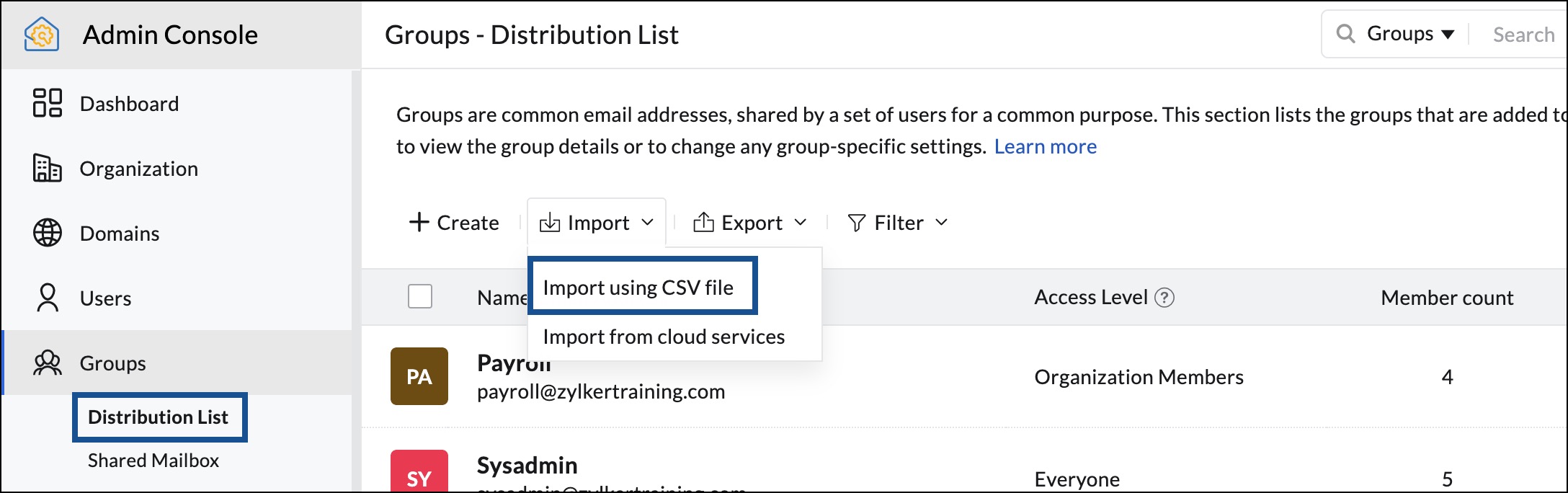 นำเข้ากลุ่มโดยใช้ CSV