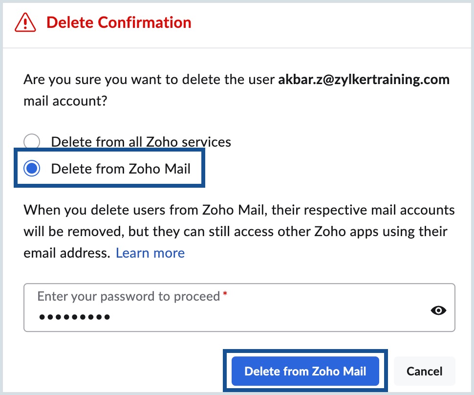 delete user from Zoho Mail alone