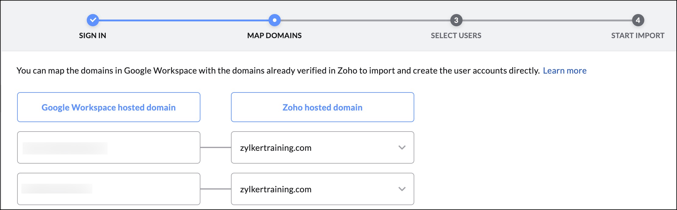 mapper les domaines pour l'importation d'utilisateurs à partir de Google Workspace