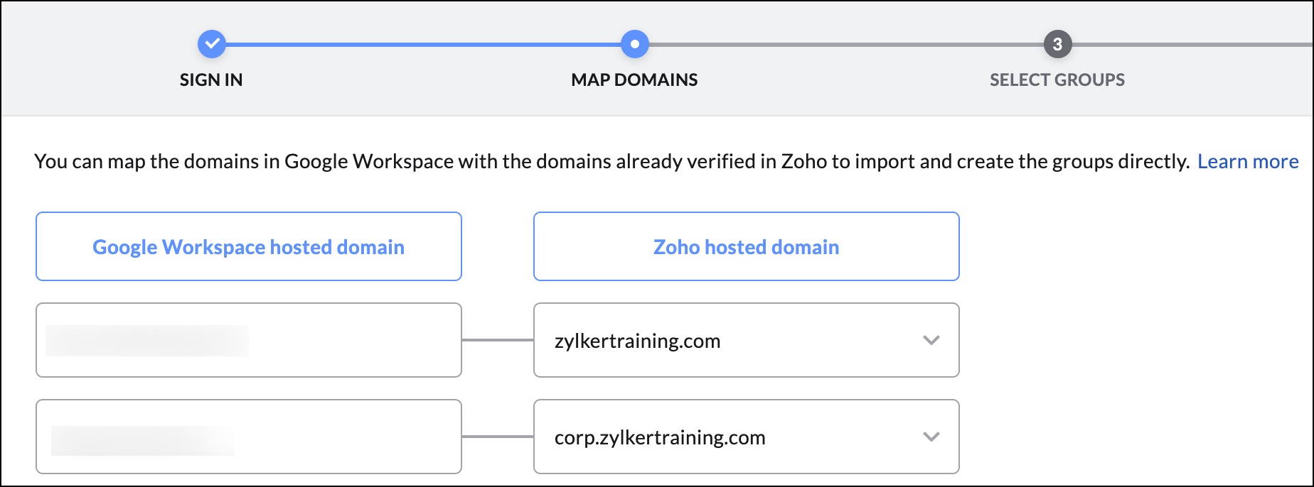 Mapeie grupos do Google Workspace para o Zoho Mail