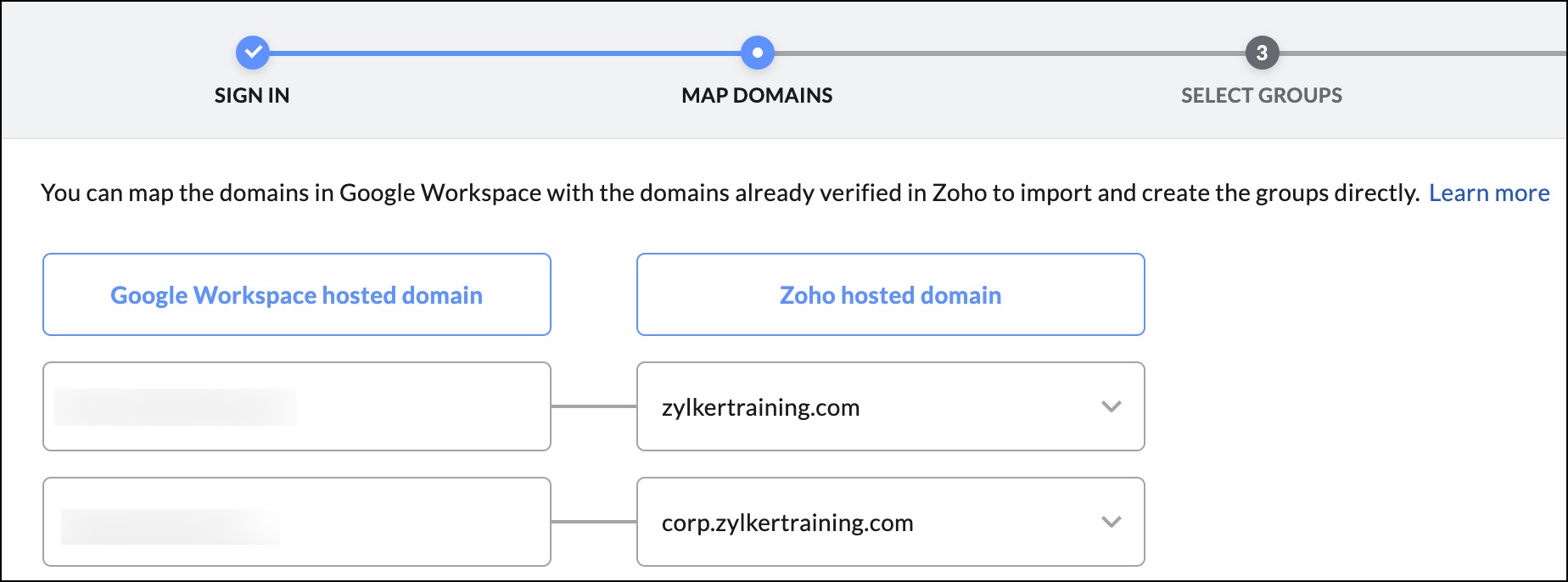 แมปกลุ่มจาก Google Workspace ไปยัง Zoho Mail