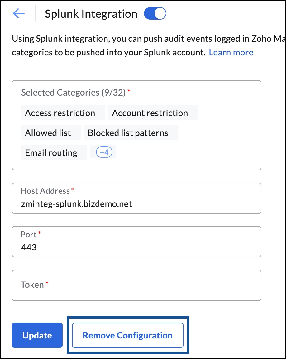 remove Splunk configuration from Zoho Mail