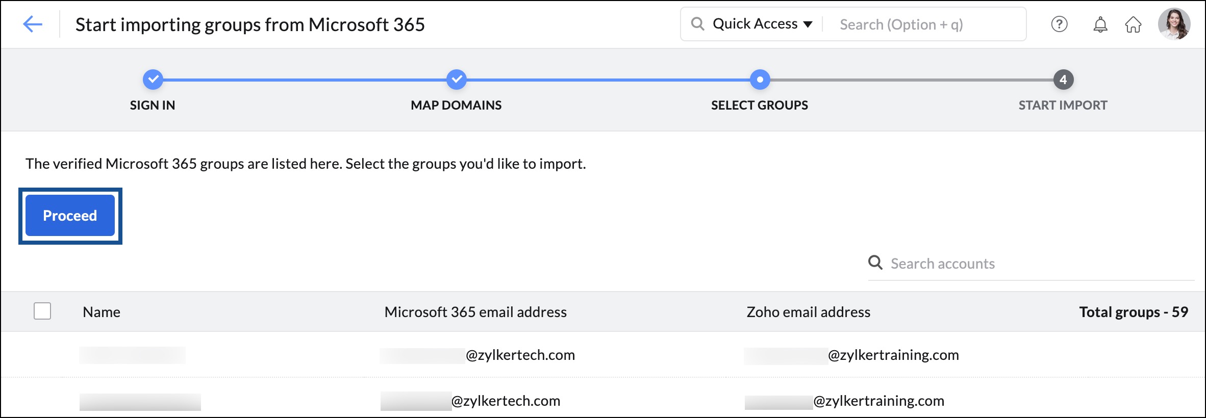 Selecione grupos da conta do Microsoft 365