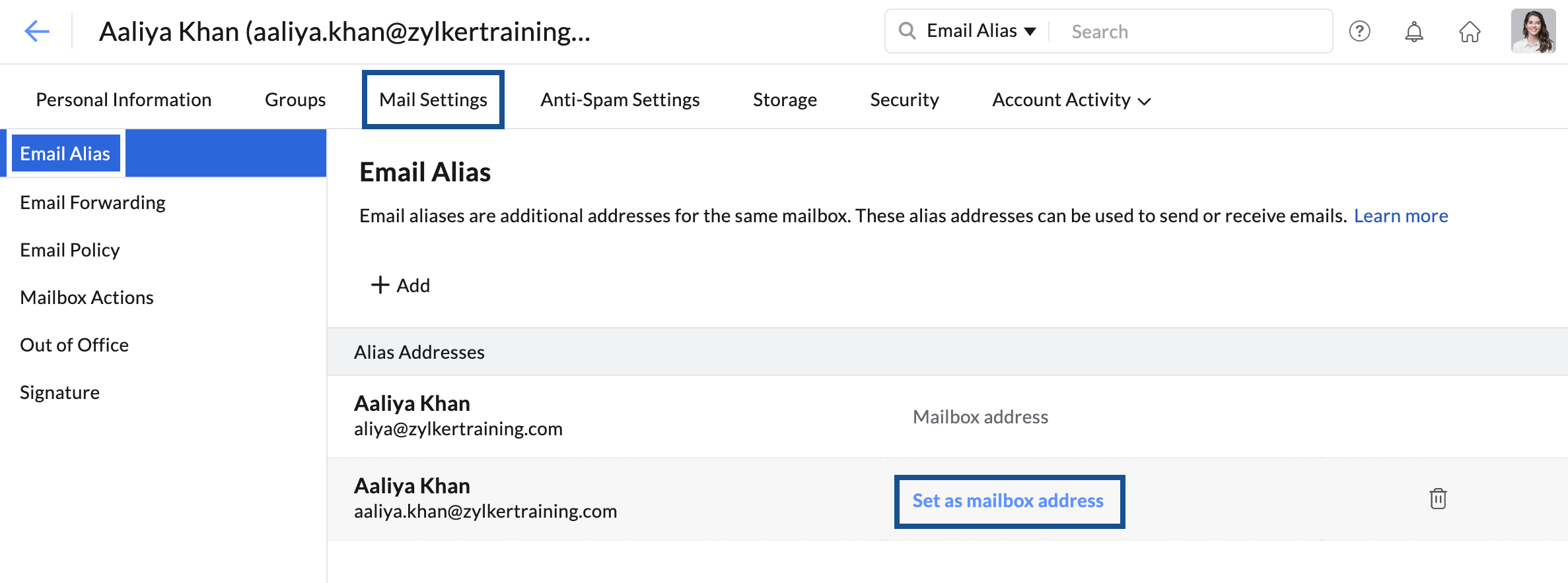 set as primary mailbox