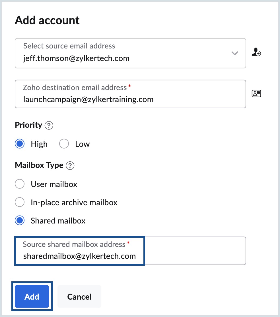 Caixa de correio compartilhada do Exchange Server para a caixa de correio compartilhada do Zoho Mail