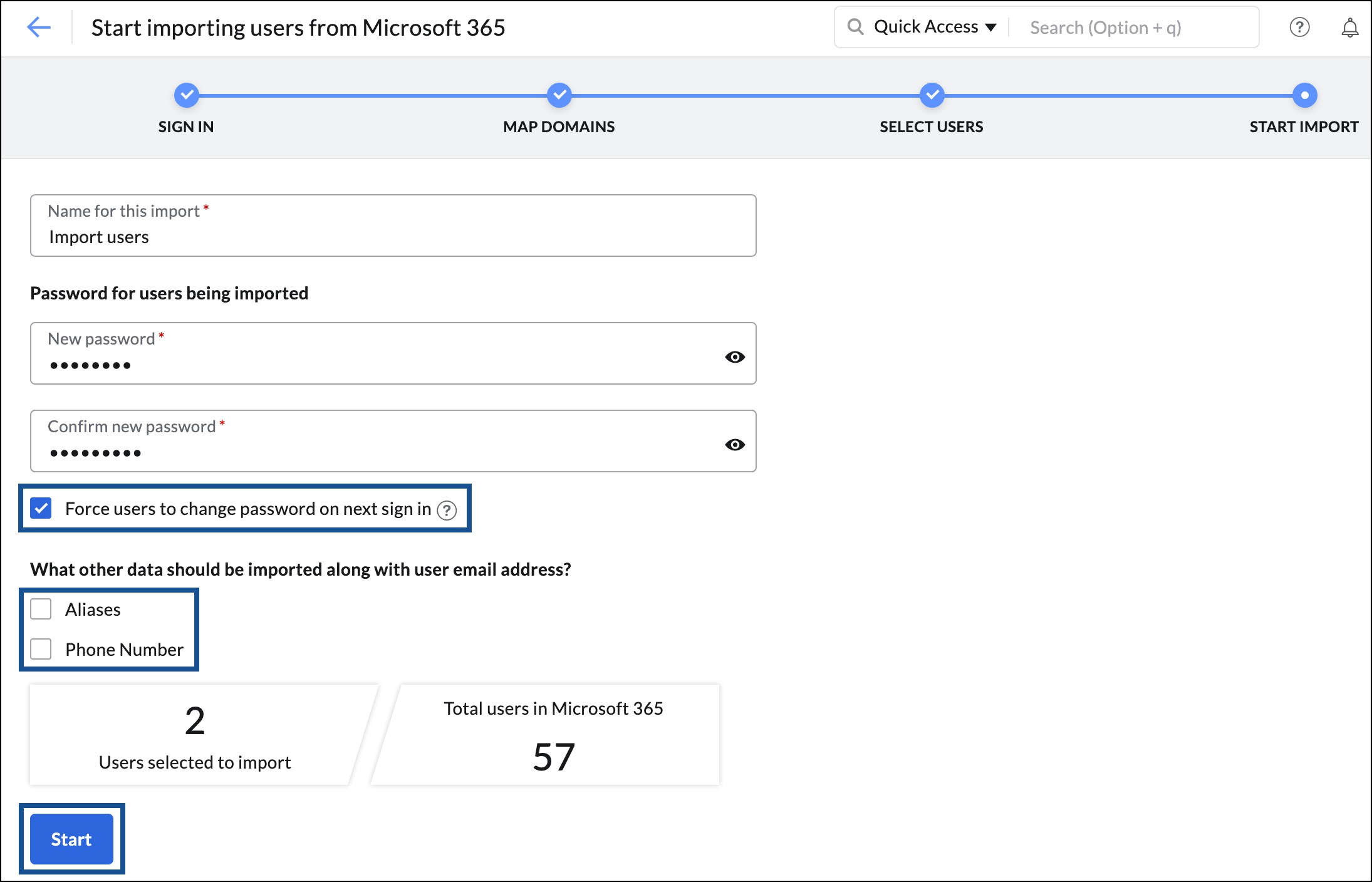 iniciar la importación de usuarios de Microsoft 365 a Zoho Mail