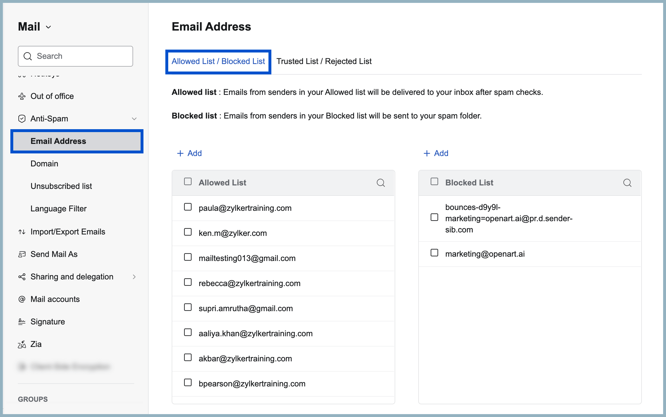 Allowlist and Blocklist Email addresses Allowlist and Blocklist Email addresses