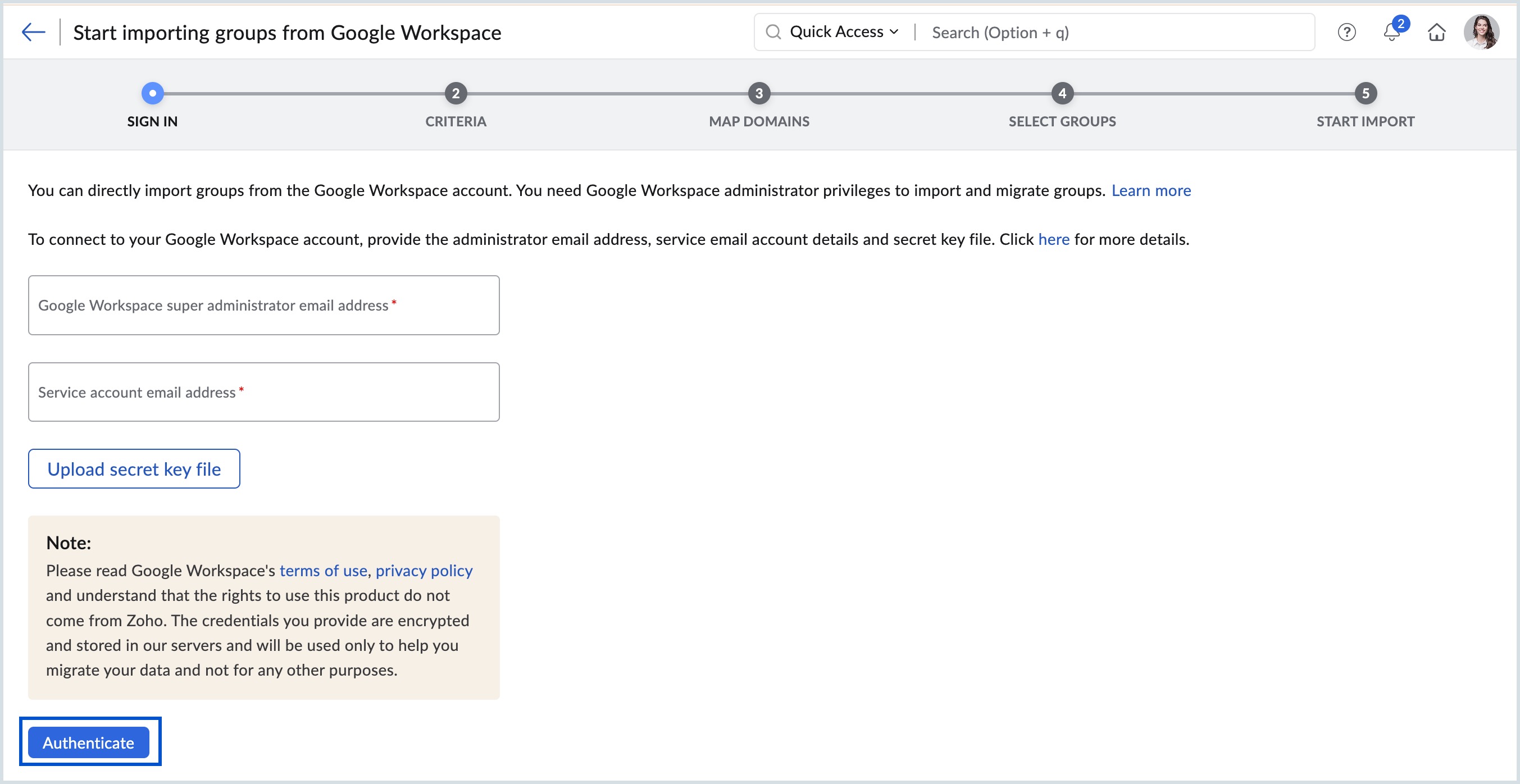 authenticate Google Workspace account with Zoho Mail