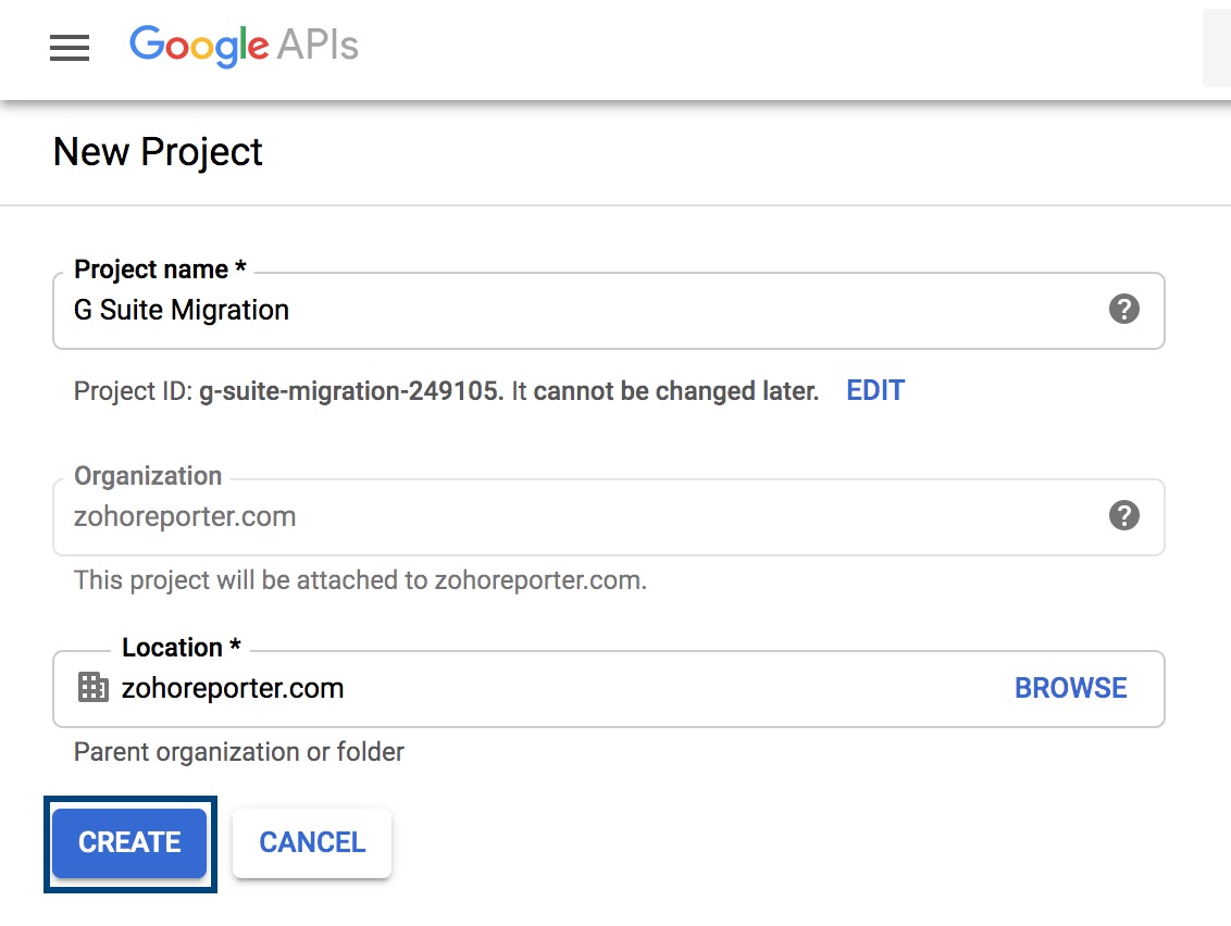 Creating project in GSuite 