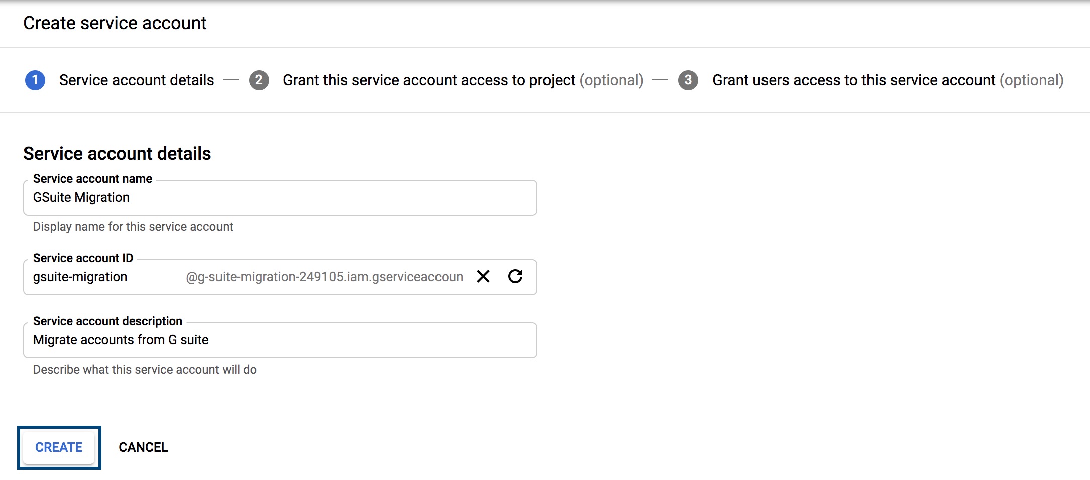 Service Account details in GSuite