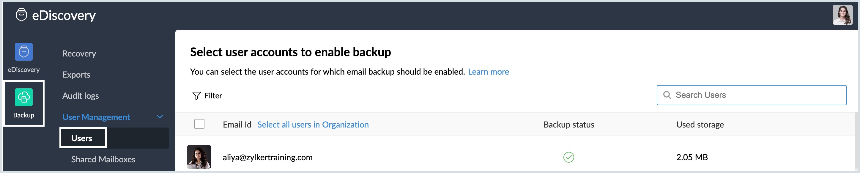 manage users for email backup