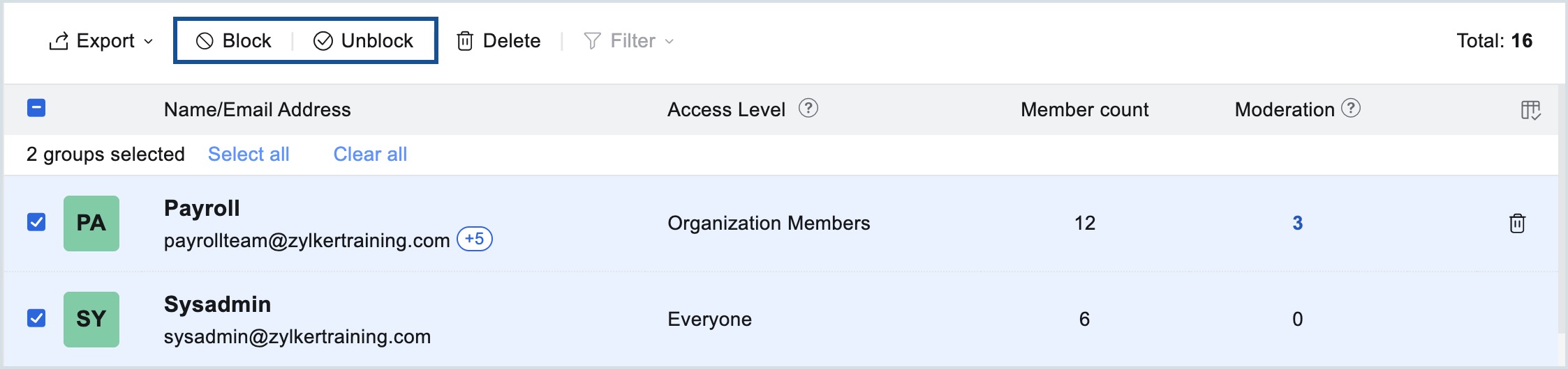 block or unblock groups