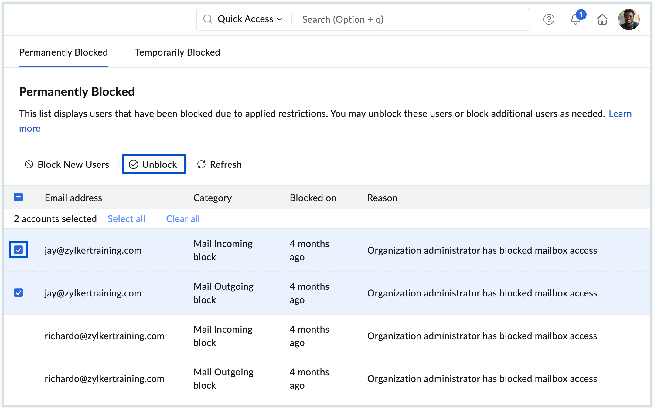 Unblock multiple user accounts