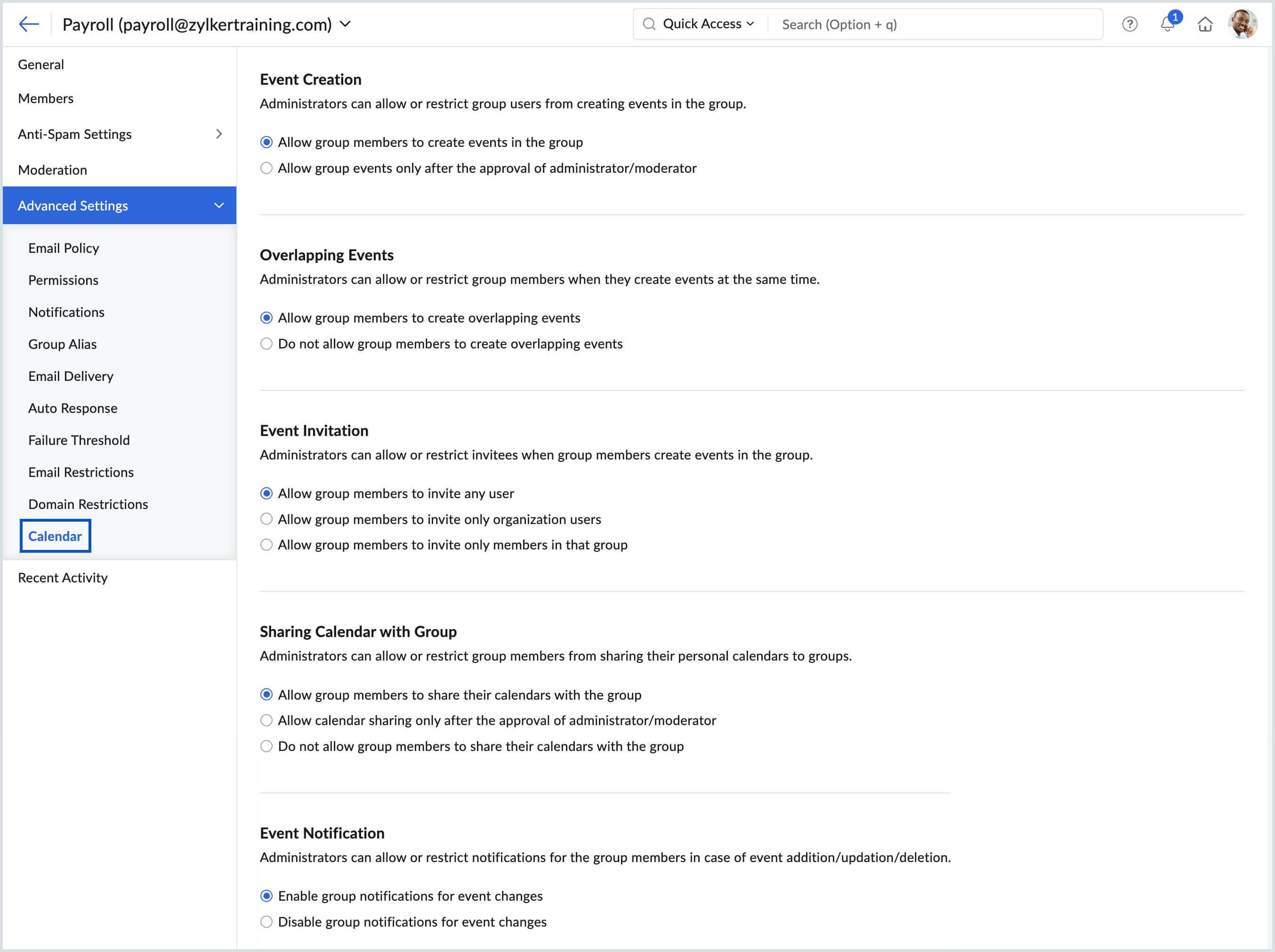Calendar group settings