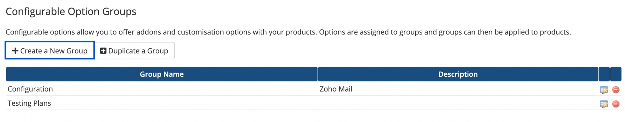 options de groupe configurables