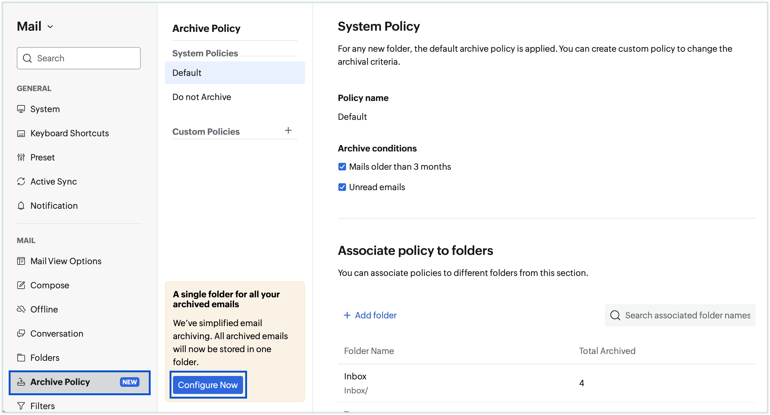 Configure Single Archive policy