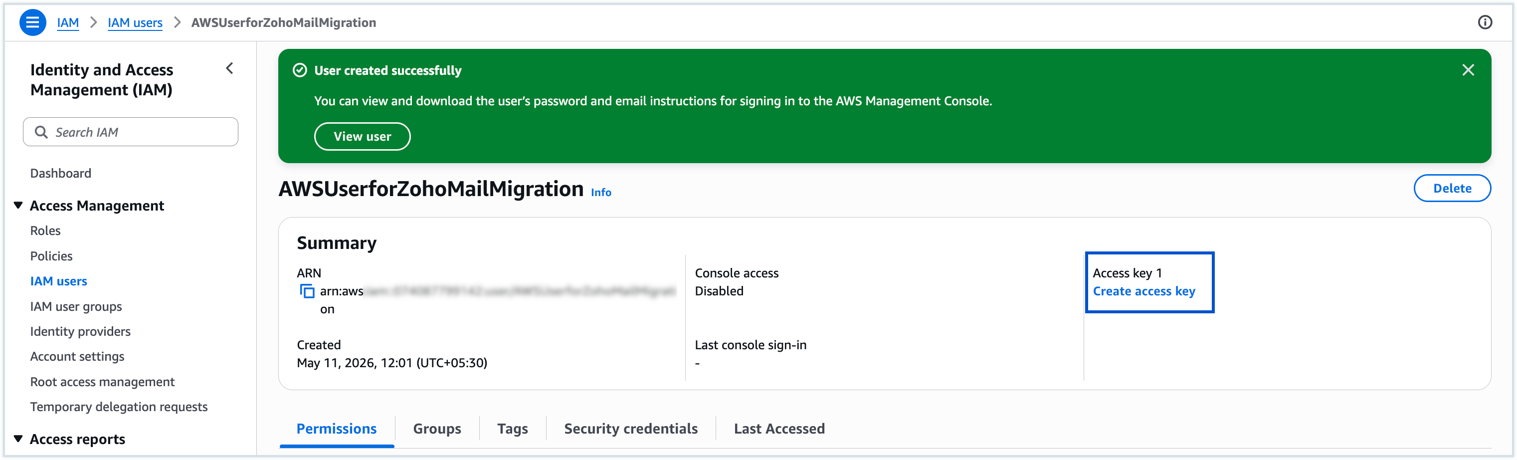Create Access key Create Access key