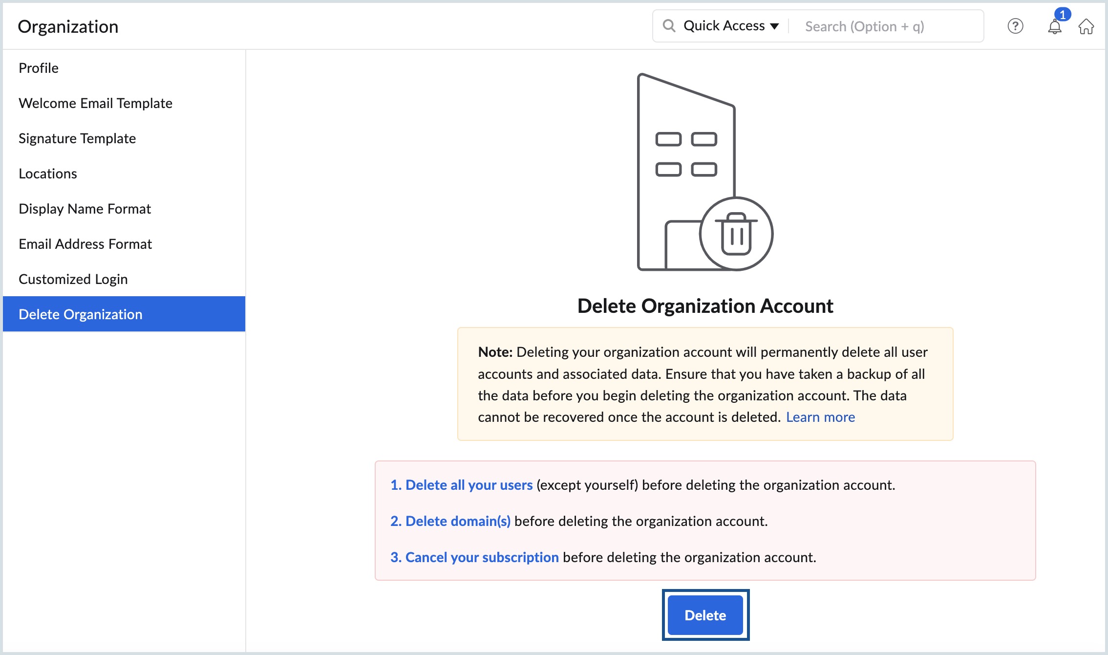 Delete Organization delete organization