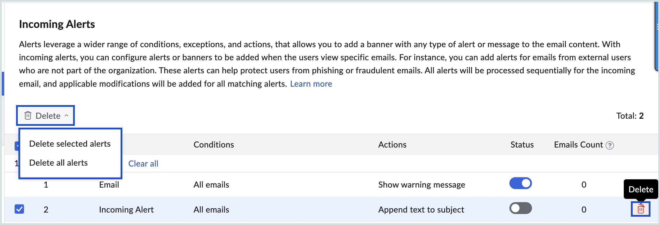 Delete incoming alerts