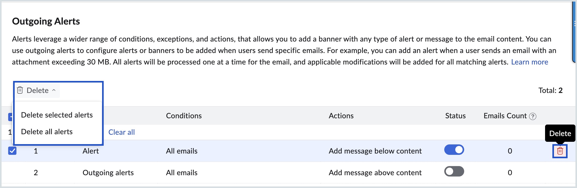 Delete outgoing alert