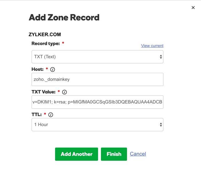 para agregar el registro de TXT en el administrador del dominio de GoDaddy