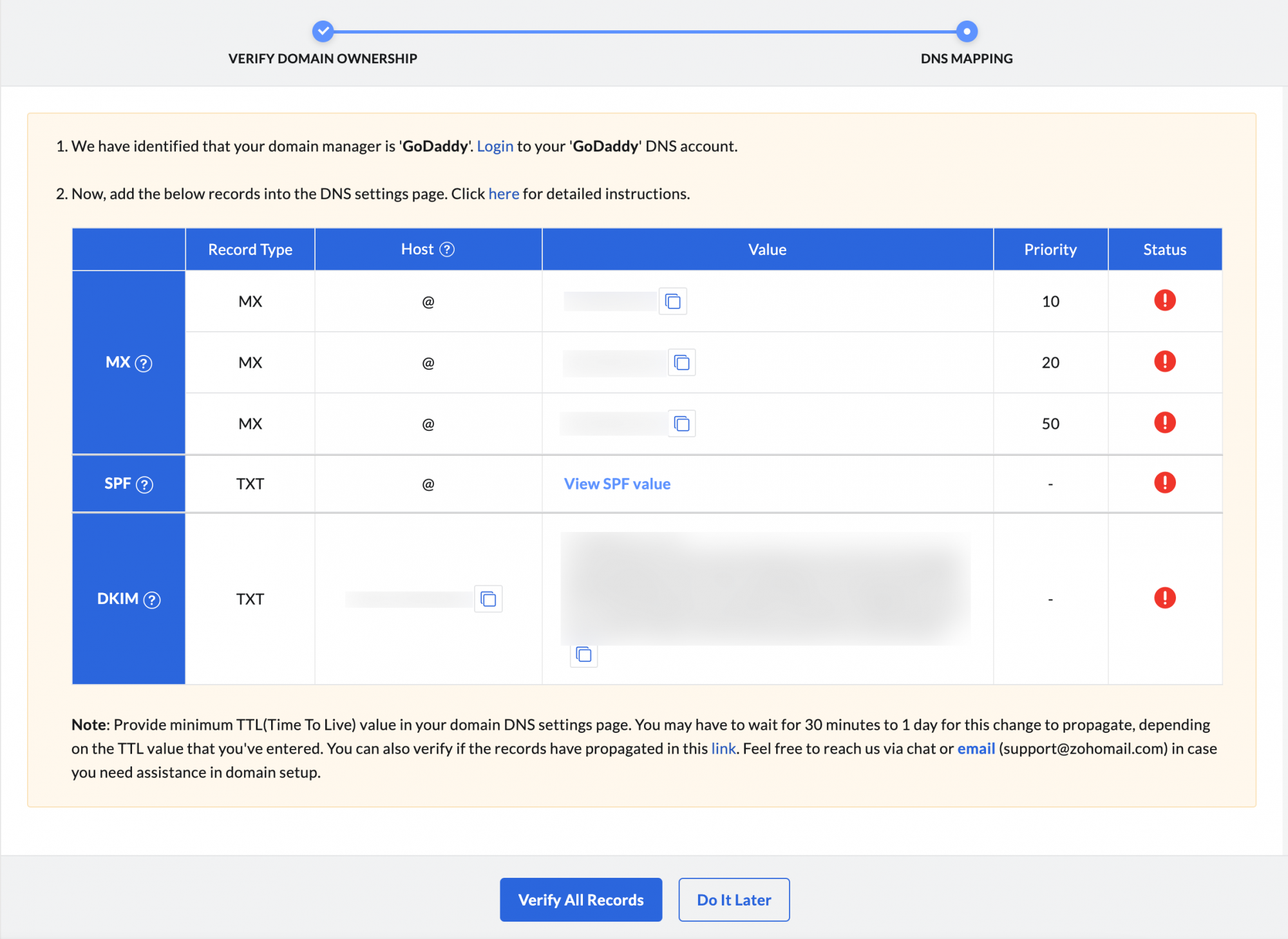 Configuração de domínimo do Console do Zoho Mail Admin