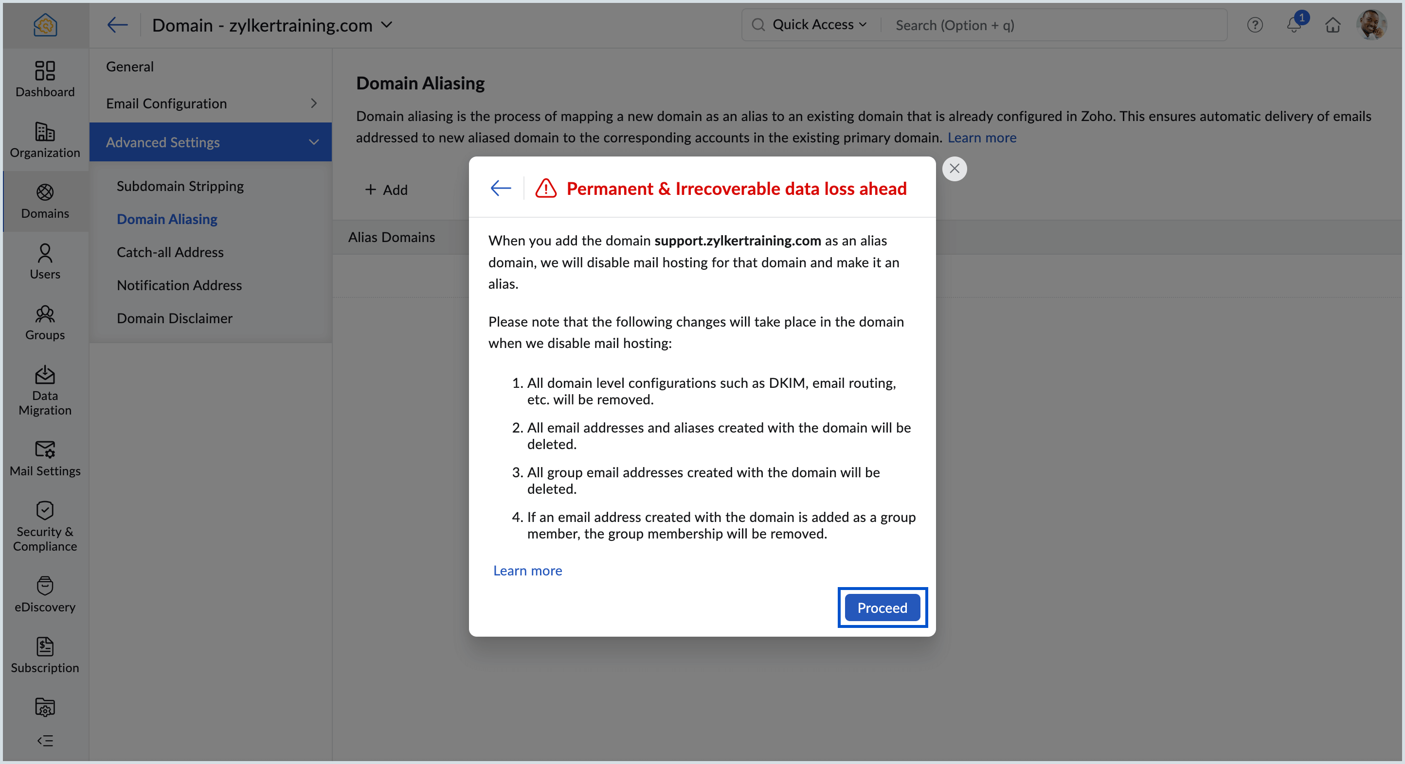 Display of warning message