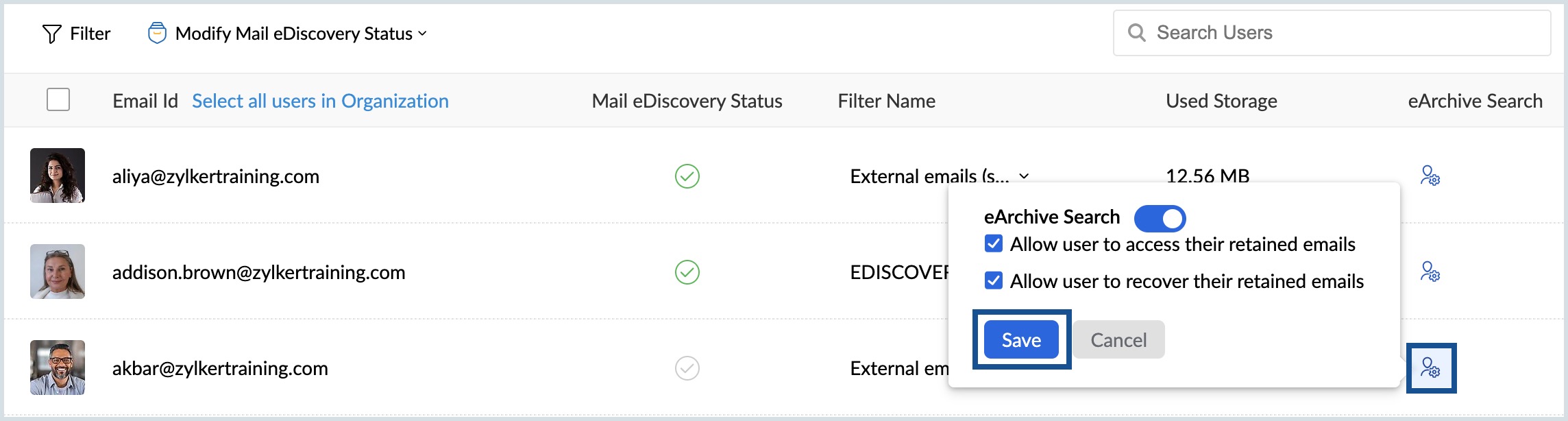 Enable eDiscovery for users in mailbox
