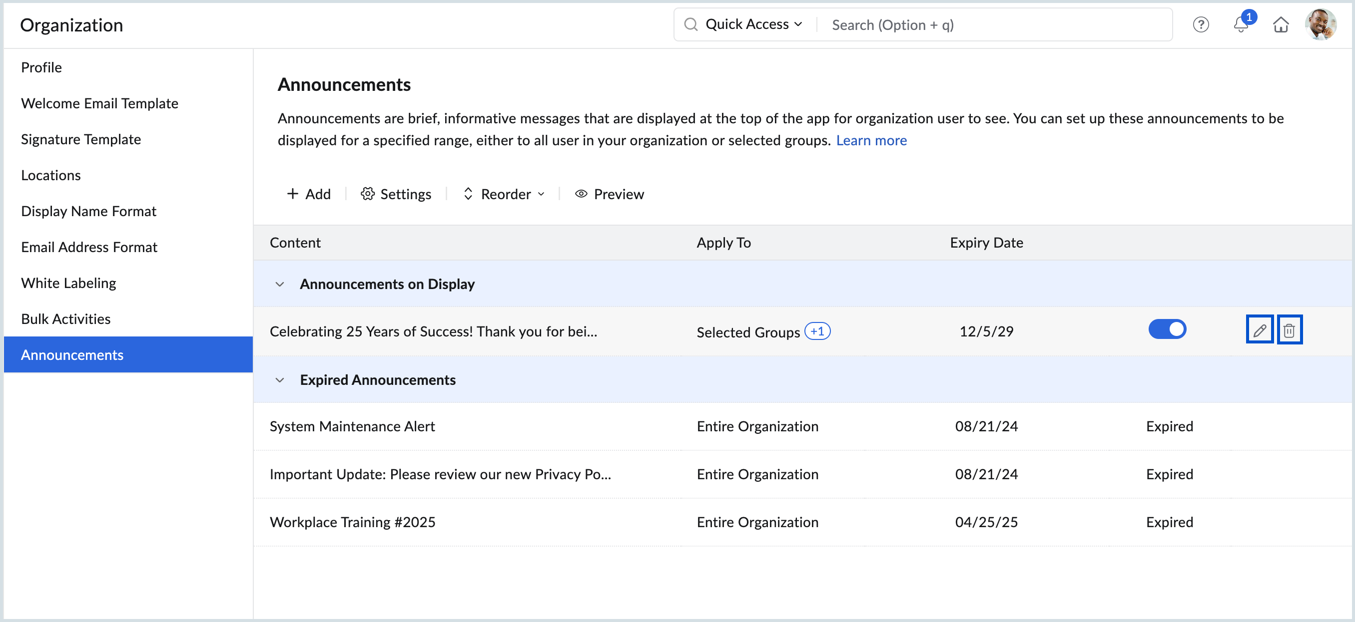 Edit/delete announcement settings