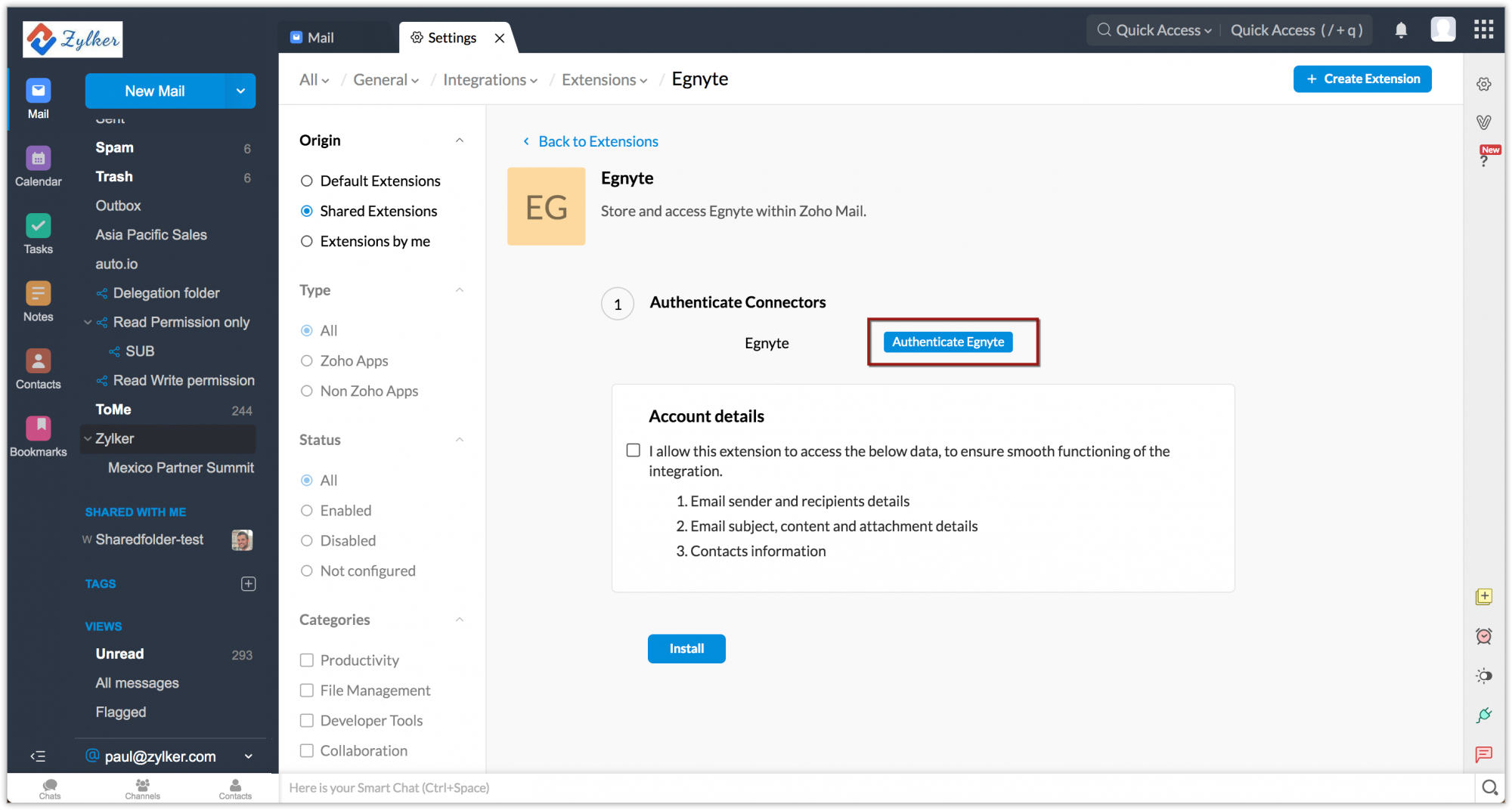Authenticate Egnyte extension for your Zoho Mail