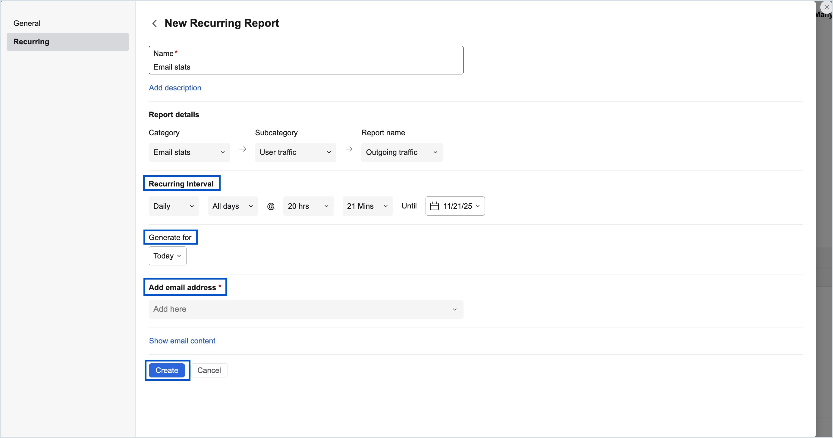 Configuring a new Recurring report