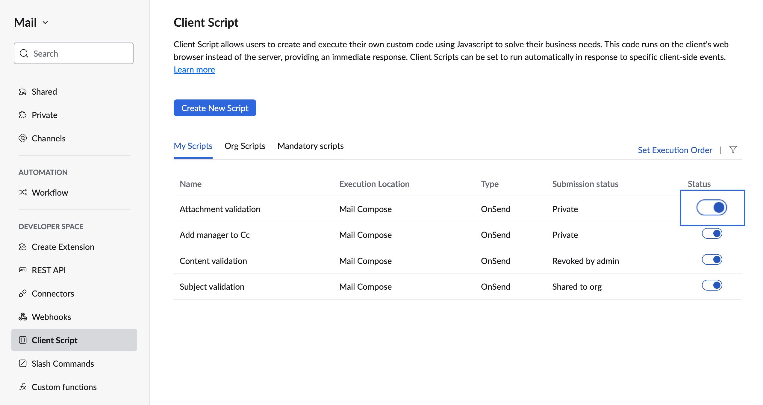 Enable or disable script Enable script