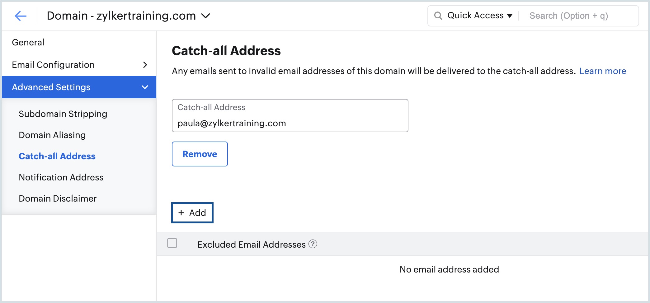 Adding excluded email address