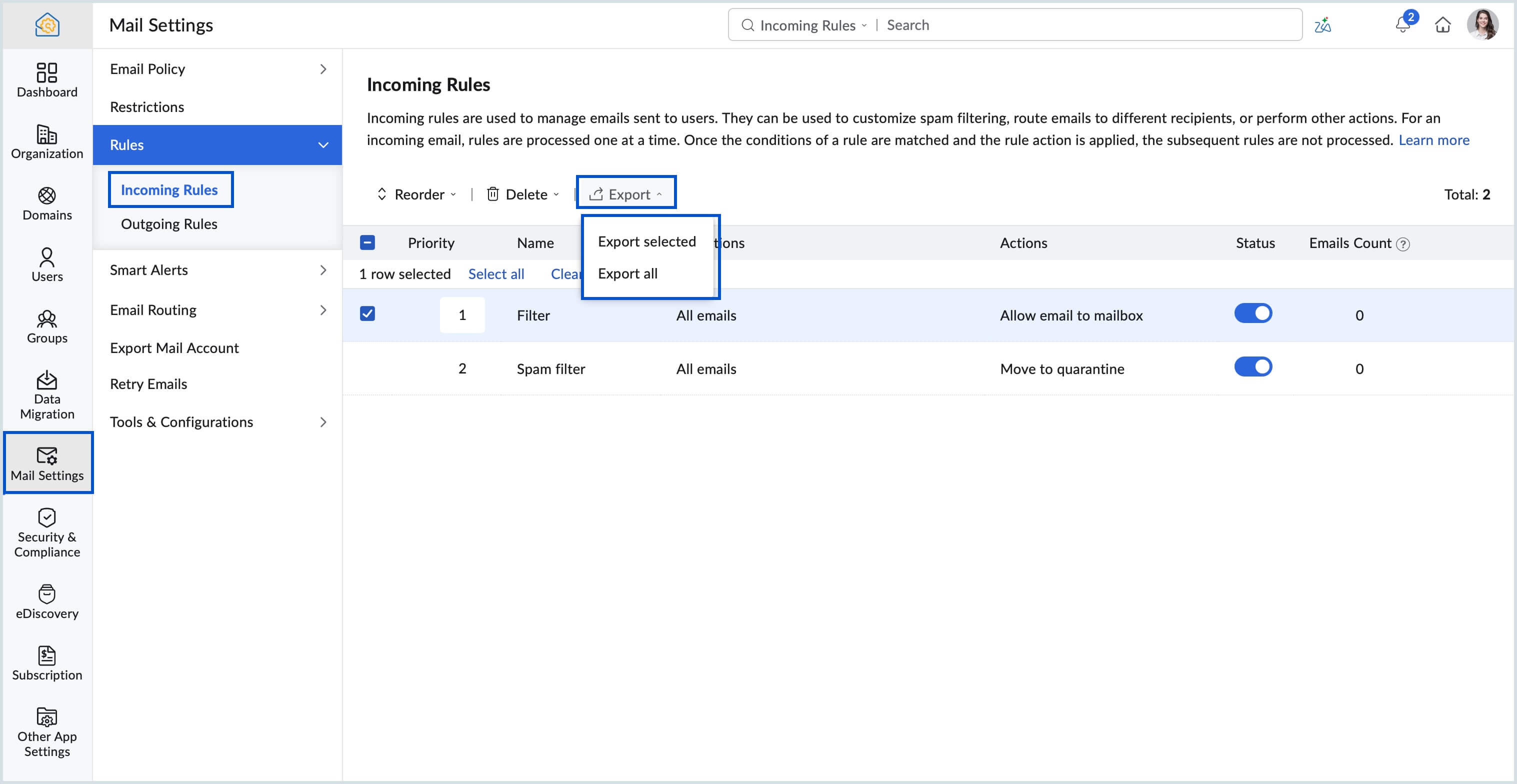 Export incoming rules